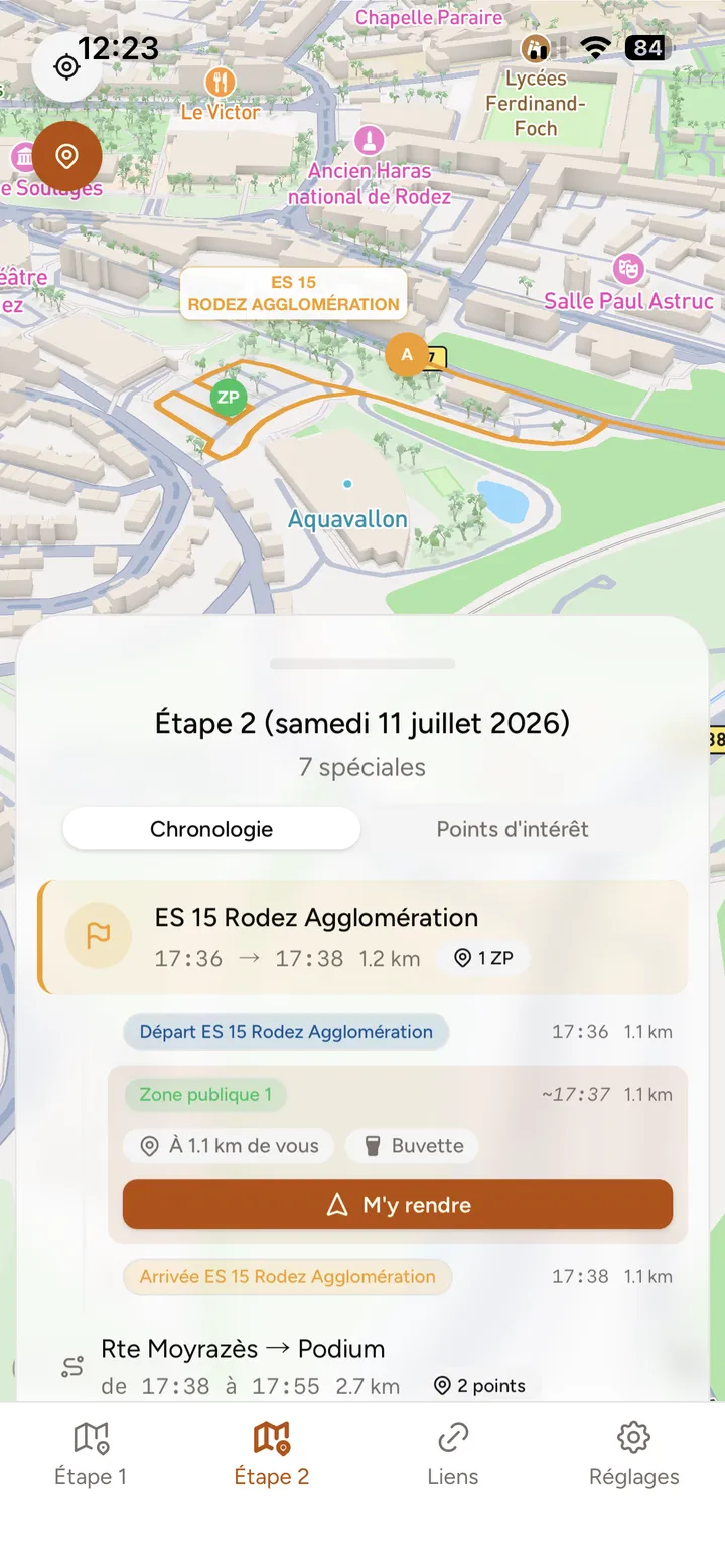 Capture de l'application Rally Companion pour le Rallye du Rouergue 2026 : carte 3D de l'étape 2 et chronologie des spéciales